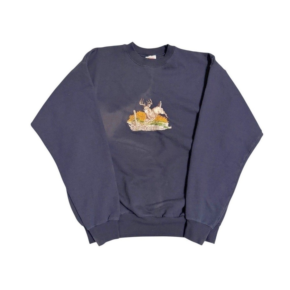 VTG 90s Hanes Embroidered Deer Hunting Sweatshirt Mens L Navy Faded Buck Grandpa